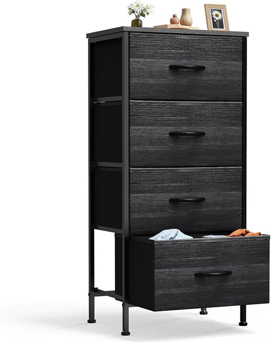 DUMOS Nightstand with 4 Drawers Bedside Table with Removable Fabric Bins Sturdy Steel Frame Wood Top Organizer Furniture for Bedroom Closet Living Room,Black Wood Grain