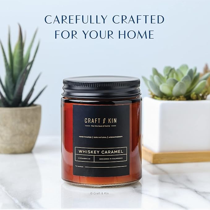 Craft & Kin Christmas Scented Candles for Men | Premium Whiskey Caramel Winter Candle | All-Natural Scent for Home | Long Lasting Holiday Candles with 45 Hour Burn Time, 8oz