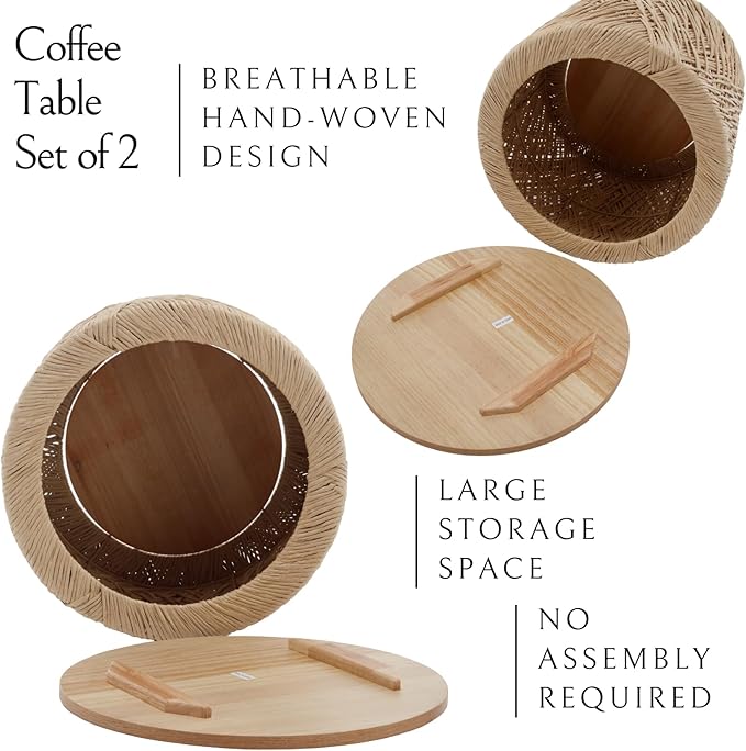Nesting Coffee Table Set of 2, Round Natural Wood Drum Coffee Tables with Storage Boho Rattan Circle End Table Set for Living Room Bedroom Small Space No Assembly Required, Burlywood