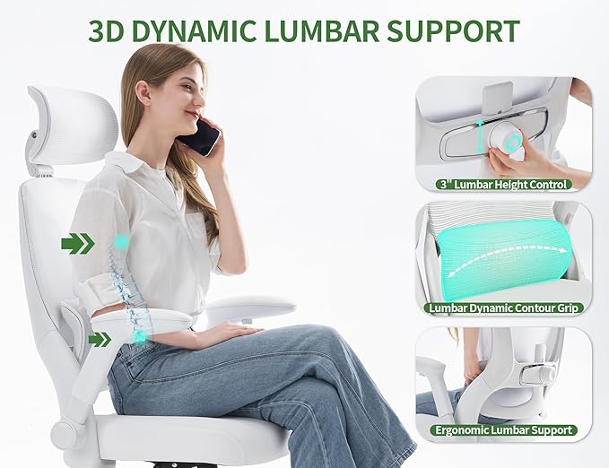 White Ergonomic Office Chair: Mesh Desk Chair Comfy with Adjustable Lumbar Support 400lbs High Back Computer Gaming Chair - Big and Tall Office Chairs with Extra Wide Seat-Adults Home Office