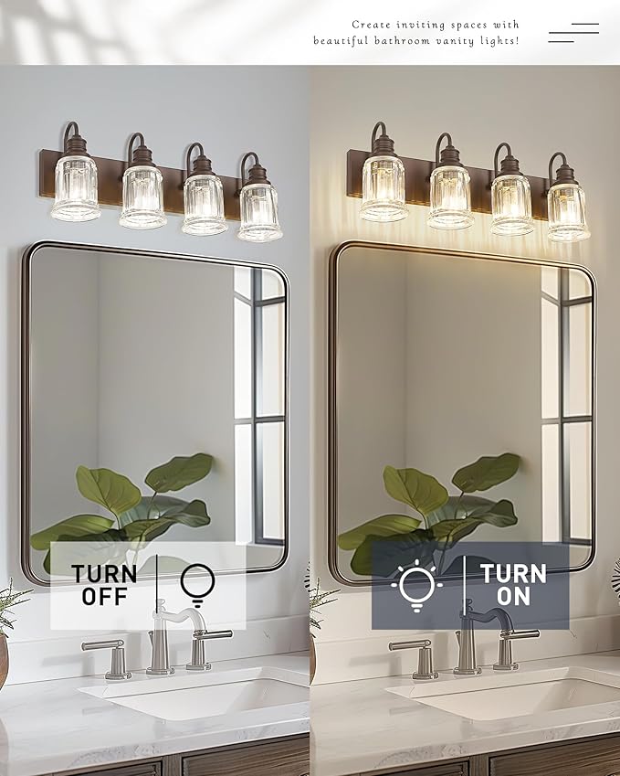 Bathroom Vanity Light - HWH 4-Light Vanity Lights for Bathroom Wall Mounted Light Fixtures Over Mirror, Oil Rubbed Bronze Vanity Light with Bell-Shaped Clear Glass, 5HZG106B-4W ORB