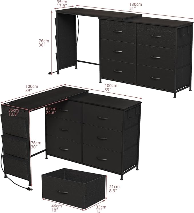 Modern Corner Vanity Desk with 6 Fabric Drawers Power Outlet Side Pocket L Shaped Drawers Makeup Desk Dressing Table for Girls Women Bedroom (Black)