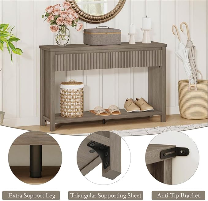 BON AUGURE Console Table with Storage, Entryway Table with Drawers, 47In Couch Tables Behind Sofa, Sofa Tables with Two-Tier Shelf for Living Room, Hallway, Front Door, Greige Oak