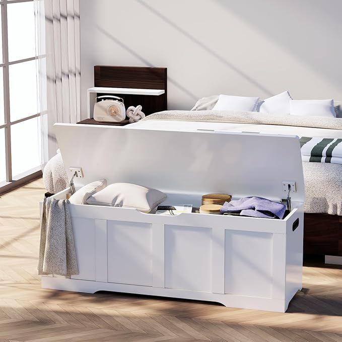 47.2" Storage Chest, Extra Large Storage Trunk with 2 Safety Hinges, Wooden Storage Bench, Shoe Bench, Entryway Bench for Living Room, Bedroom, White