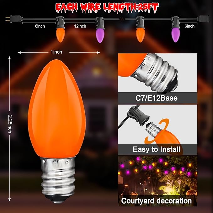 Halloween Purple Orange String Lights Outdoor 25Ft, 25 C7 LED Purple Orange Bulbs with 2 Spare, Connectable Waterproof Patio Porch Yard Fence Pathway Lights for Haunted House Party Decorations