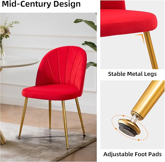 Velvet Dining Chairs Set of 2, Upholstered Mid Century Modern Dining Room Chairs, Armless Accent Chair with Metal Gold Legs for Living Room, Kitchen, Rose Red