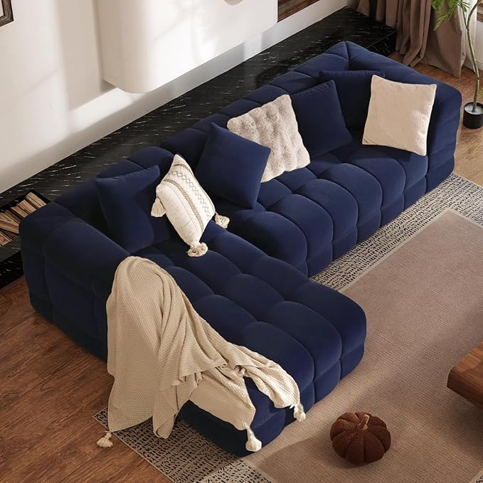 107" Modern Boneless Couch with L - Shaped Chaise, Comfy Chenille Modular Sectional Sofa with Tufted Design, Deep Seat Upholstered Sofa Bed, No - Assembly Sectional Couch, Blue