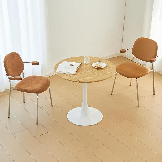 Round Dining Tulip Table for 4, Mid-Century Modern Table with Sturdy Metal Pedestal for Kitchen, Bistro, Cafe, Leisure (Faux Oak, 31.5 INCH)