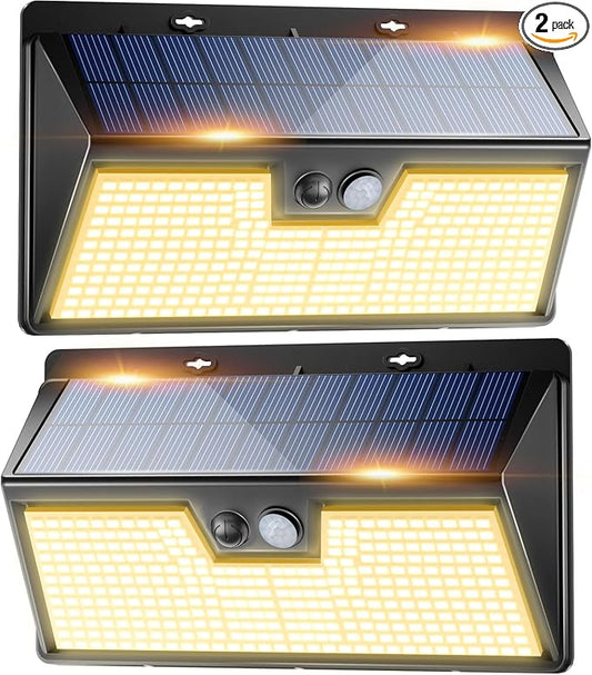 Peasur Warm White Solar Lights Outdoor Motion Sensor, 2 Pack 318LED Solar Powered Fence Wall Light IP65 Waterproof, 3 Mode Security Lights for Outside Deck Stairs Step Yard Patio