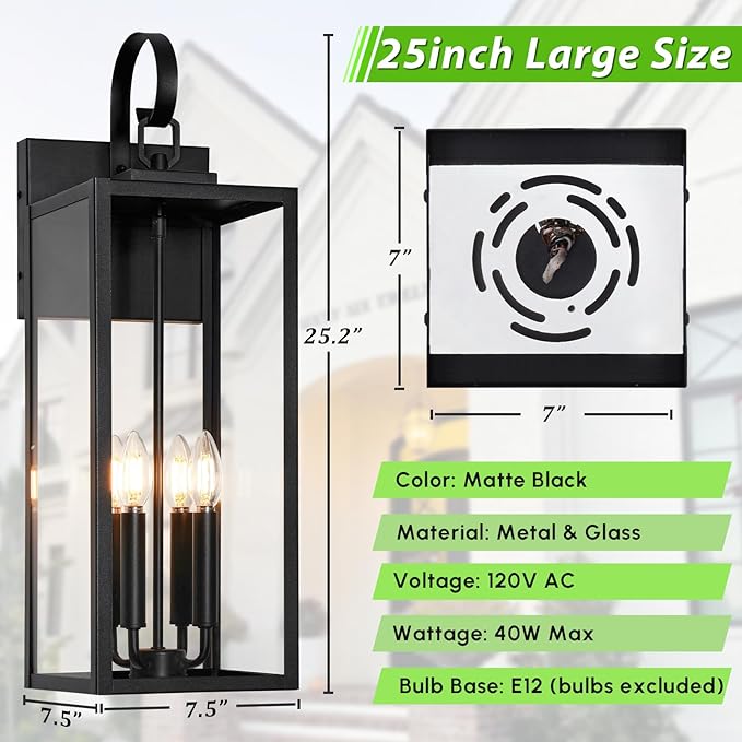 BesLowe 25" Outdoor Wall Light Fixture, 4-Light Extra Large Exterior Lighting Fixture Wall Mount, Waterproof Porch Light Outdoor Wall Sconce Lantern, Outside Light for House Front Door Garage, Black
