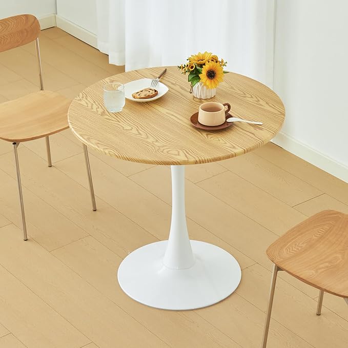Round Dining Tulip Table for 4, Mid-Century Modern Table with Sturdy Metal Pedestal for Kitchen, Bistro, Cafe, Leisure (Faux Oak, 31.5 INCH)