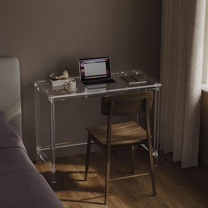 HMYHUM Acrylic Computer Desk, 40 Inch Clear Home Office Desk for Laptop, Study, Writing, Vanity Table with Cylindrical Legs, Modern, Easy Assembly