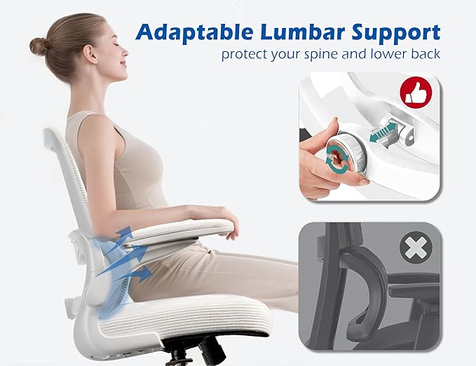 TRALT Ergonomic Office Chair - Desk Chair with Adjustable Lumbar Support Computer Chair - Mesh Comfy Chair with Flip-up Armrests - Gaming Chairs for Adults Home Office (Leather, White)