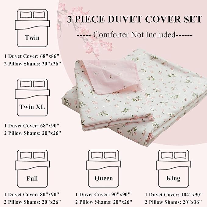 LifeTB Garden Style Duvet Cover Floral Print Bedding Sets King Pink White Floral Comforter Cover Cotton Chic Flower Print Duvet Cover for Girl Women Boho with Zipper Closure 4 Ties