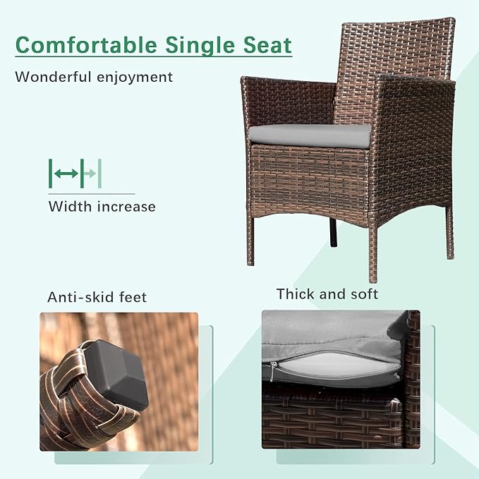 Greesum Patio Furniture 4 Pieces Conversation Sets Outdoor Wicker Rattan Chairs Garden Backyard Balcony Porch Poolside loveseat with Soft Cushion and Glass Table, Brown and Gray