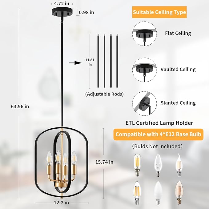 Black and Gold Chandelier Light Fixture, 4-Light Dining Room Chandelier Over Table Farmhouse Rustic Small Entryway Chandeliers Island Pendant Lights for Kitchen Entryway Foyer Living Room