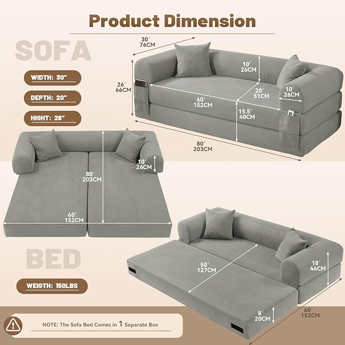 Convertible Folding Sofa Bed,80" Pull Out Couch with Pillows & Storage Pocket,Modular Futon Bed Corduroy Queen Sleeper Sofa in a Box,Compression Boneless Couch for Living Room,Light Gray