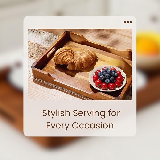 Acacia Wood Serving Tray with Handles, 18x13in Food Drinks Tray for Coffee Table, Breakfast, Dinner & Bar, Rustic Decorative Storage Tray for Ottoman, Kitchen, House Warming Gifts New Home