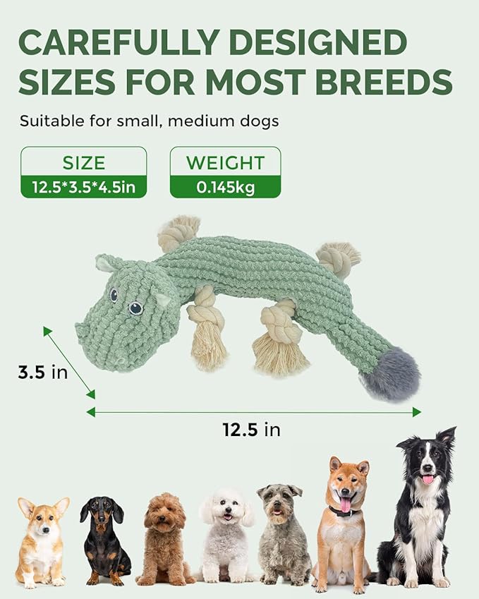 Squeaky Dog Toys for Medium Dogs - Durable Dog Toys for Aggressive Chewers to Keep Them Busy - Interactive Plush Chew Toy with Squeaker for Training Reward & Gift - Green