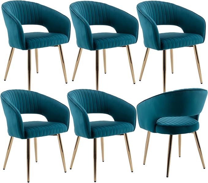 Modern Velvet Dining Chairs Set of 6, Upholstered Gold Dining Chairs with Hollow Back, Dining Room Chairs with Gold Legs, Accent Armrest Kitchen Chairs for Living Room Reception Teal Blue