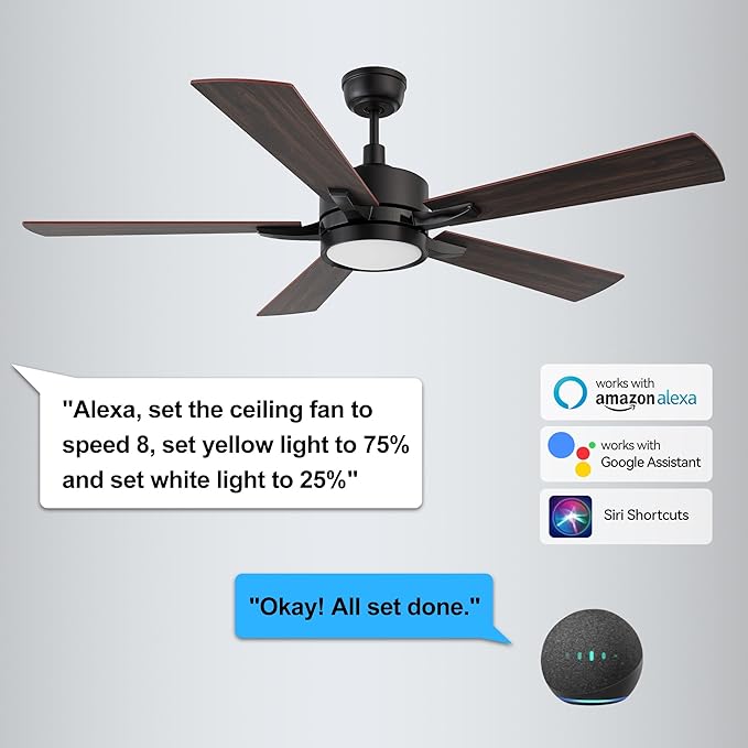 CEME 52" Ceiling Fan with Light and Remote, 10 Speeds Reversible DC Motor Outdoor Ceiling Fan, 3 Light Colors Dimmable, Compatible with Alexa, Siri & Google Home, Dark Walnut & Reddish brown