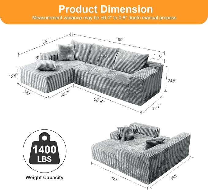 106''Boneless Couches for Living Room, L Shaped Modular Sectional Sofa with Chaise Lounge, Faux Rabbit Fur & Layered Cushion Deep Seat Cloud Couch, No Assembly (Grey, Left Facing Chaise)