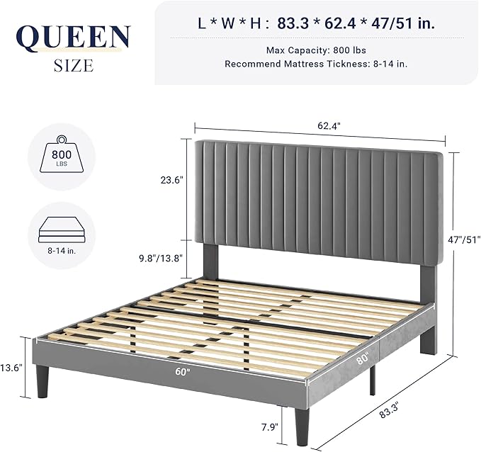 Allewie Queen Bed Frame, Velvet Upholstered Platform Bed with Adjustable Vertical Channel Tufted Headboard, Mattress Foundation with Strong Wooden Slats, Box Spring Optional, Easy Assembly, Grey