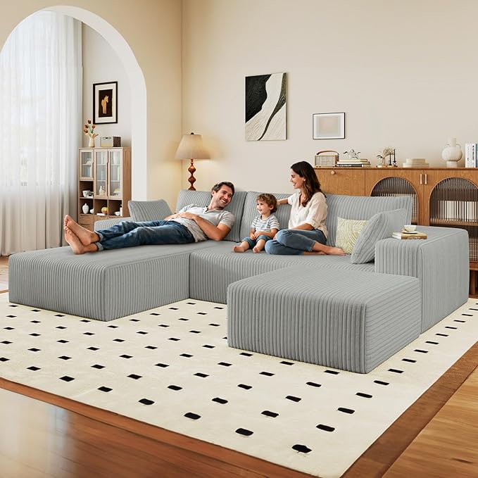 96" U-Shape Cloud Couch, Modern Modular Sectional L-Shape Sofa with Ottoman, Corduroy Upholstered Couches Deep Seat Chaise Longue for Living Room, No Assembly Required(Light Gray, Left Facing)