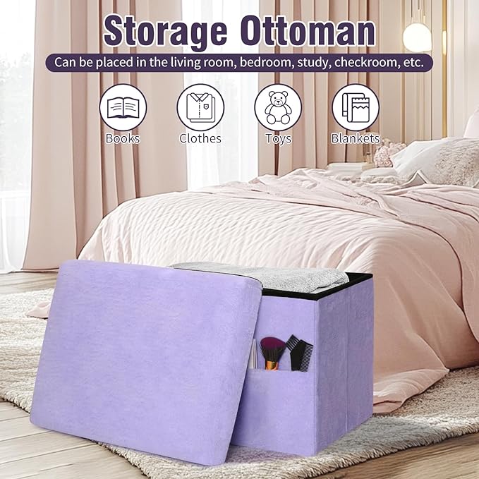 Small Ottoman with Storage, Folding Soft Fur Storage Foot Rest Stool with Thicker Furry Padded Seat. Ottoman Bench for Bedroom Living Room, Holds Up to 300 lbs, 17x13x13IN (Purple)