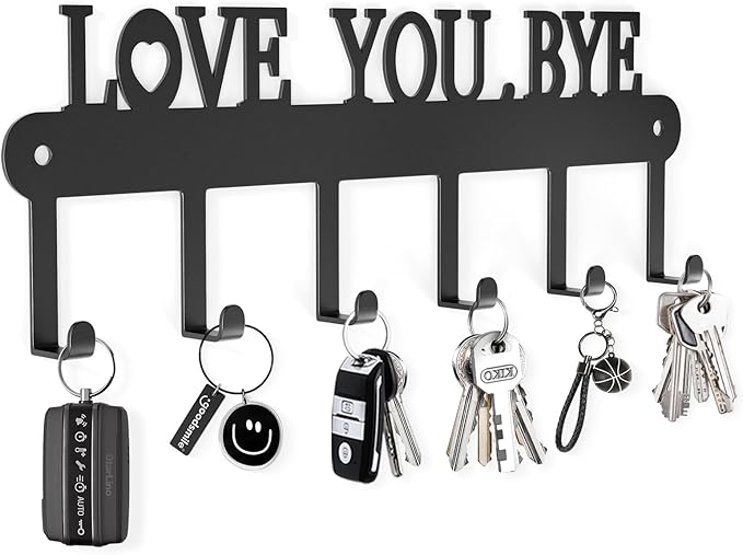 Key Holder for Wall - 'Love You Bye' Key Hooks,Key Holder Wall Mount Self Adhesive, Key Rack Wall Mount for Wall No Drill for Living Room, Kitchen, Bathroom, Garage (Black, 6 Hooks)