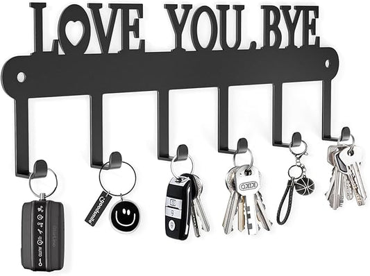 Key Holder for Wall - 'Love You Bye' Key Hooks,Key Holder Wall Mount Self Adhesive, Key Rack Wall Mount for Wall No Drill for Living Room, Kitchen, Bathroom, Garage (Black, 6 Hooks)