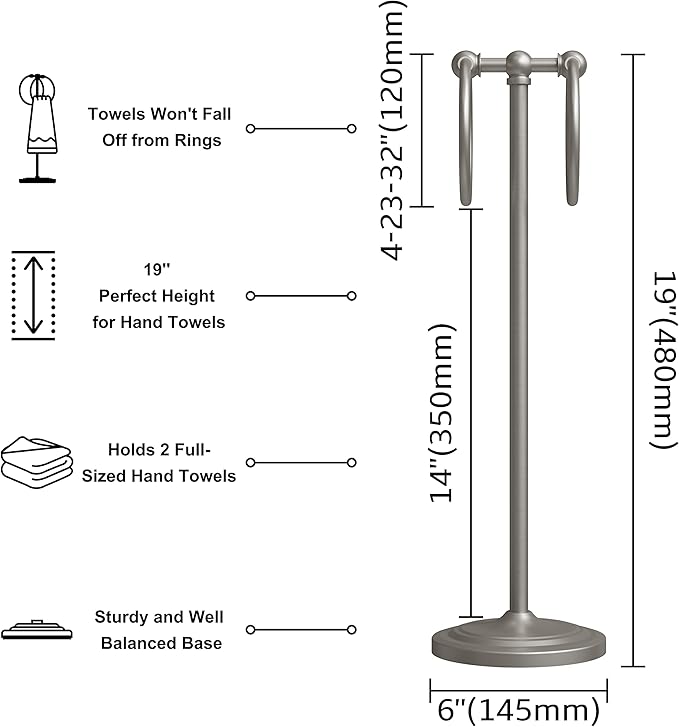 BGL Fingertip Towel Holder Stand Hand Towel Ring for Bathroom or Kitchen Vanity Countertops to Store Hand Towels Washcloths or dishcloths - 2 Hanging Rings，19" High-Brushed Nickel
