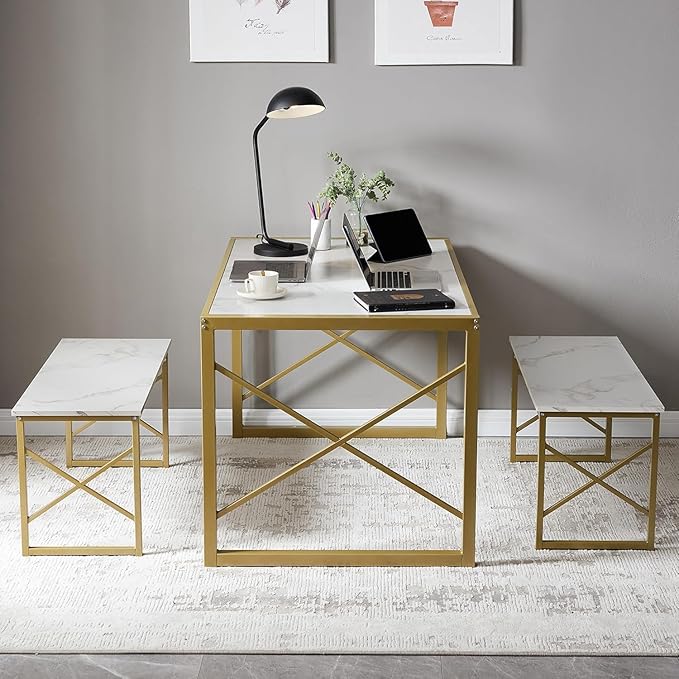 VECELO Kitchen Dining Table Benches Set for 4, 55" Wooden Dinette with 2 Benches, Heavy-Duty Dining Room Table for Small Space, Breakfast Nook, Gold