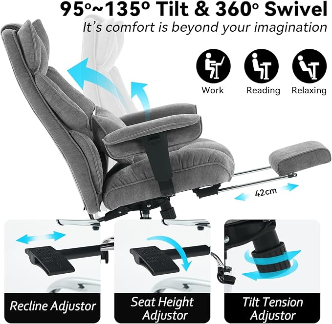 Efomao Executive Office Chair, Soft-Cushioned Computer Chair with Foot Rest, Fabric Home Office Desk Chairs, Big and Tall Office Chairs, Grey