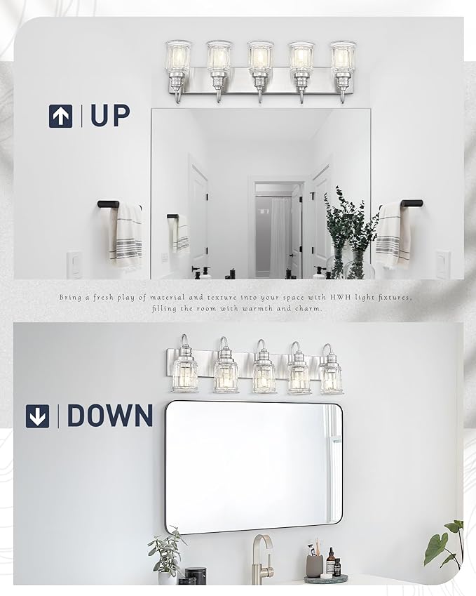 Bathroom Light Fixtures, HWH 5-Light Vanity Light, Modern Brushed Nickel Wall Lighting Over Mirror, Bell-Shaped Striped Glass, 5HZG106B-5W BN