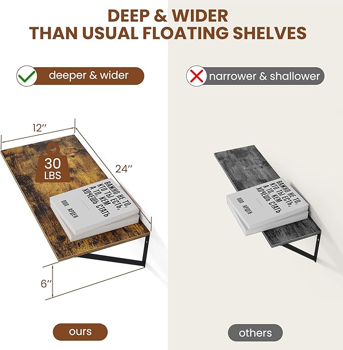 Heimlove Deep Floating Shelves for Wall, 24W x 12D Wood Wall Shelves Set of 2, Wide Floating Bookshelf for Living Room, Kitchen, Office, Bedroom and Decor Storage, with Metal Bracket - Rustic Brown