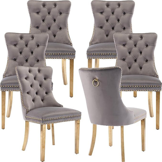 Luxury Upholstered Dining Chairs Set of 6, Grey Kitchen Chair with Golden Metal Legs, Velvet Tufted Back Dining Chair, Sillas de Comedor, Modern Kitchen & Dining Room Chairs (Gray, 6 Pcs)