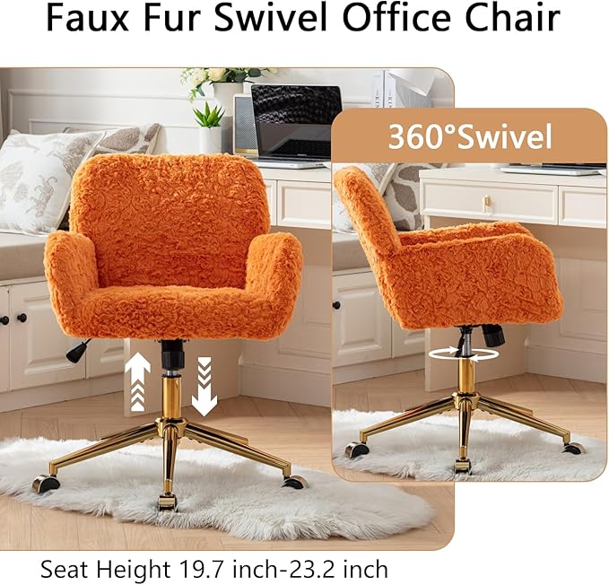 Goujxcy Faux Fur Home Office Chair, Upholstered Elegant Makeup Vanity Chair for Teen Girls Teddy Fabric Swivel Desk Chair, Height Adjustable Leisure Elegant Chair for Home Office (Orange)