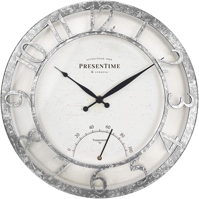 Presentime & Co 13" Farmhouse Outdoor Wall Clock w/Outdoor Thermometer, Farmhouse Style, Raised 3D Arabic Numerals, Faux Galvanized Finish (Wall Clock for Patio, Cottage, Poolside, Garden Spaces)