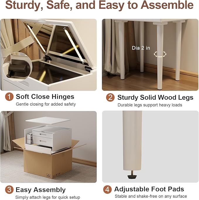 Solid Wood Small Vanity Desk with Mirror and Lights, Narrow Makeup Vanity for Small Space, Flip Top Vanity Side Table, 3 Color Modes & Adjustable Brightness, 19.6" Slim Dressing Table, White