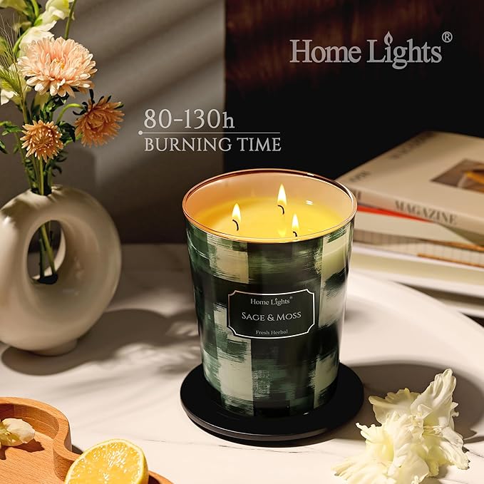 HomeLights 3-Wick Candles for Home Scented - 34oz Soy Wax Blend Candle Long-Lasting Fragrance, Scandinavian Minimalist Design Home Decor and Housewarming Gifts, Sage & Moss