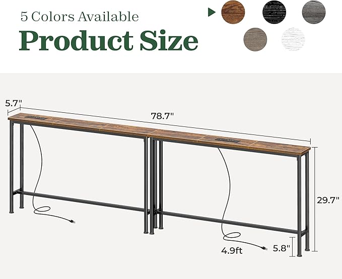 SUPERJARE 78.8 inch Narrow Console Table with Outlet, Sofa Tables, Behind Couch Table, Long Entryway Tables with Charging Station, for Living Room, Rustic Brown