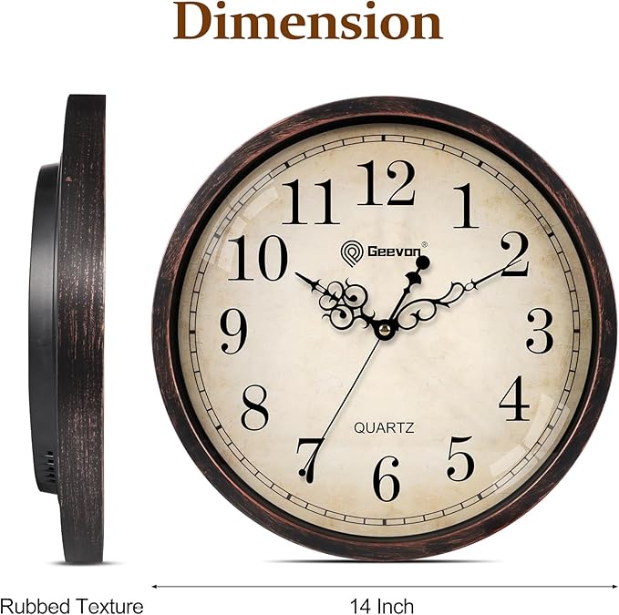Geevon Vintage 14" Silent Wall Clock Non Ticking Analog Wall Clock Quartz Decorative Battery Operated Clock for Bedroom/Living Room/Kitchen/Office Decor