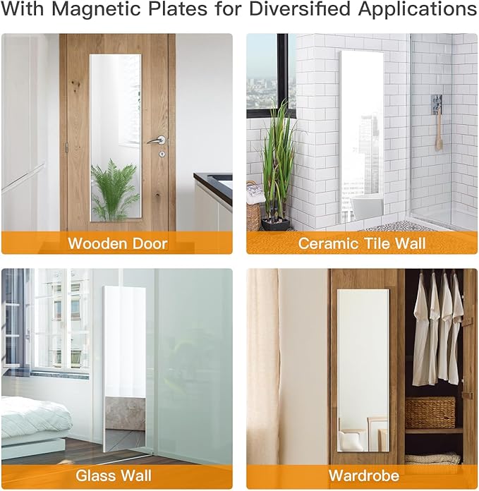 55"x16" Magnetic Mirror Lightweight Full-Length Mirror | Strong Adhesion, Easy Installation | Suitable for Refrigerators, Glass Walls, Wooden Doors, and More | 8.2kg Ultra-Strong Support | Black