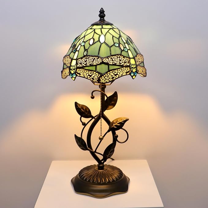 Small Stained Glass Lamp Sea Blue Dragonfly Style Table Lamps Desk Bedside Reading Light 8X8X18 Inches with Bronze Metal Leaf Resin Base