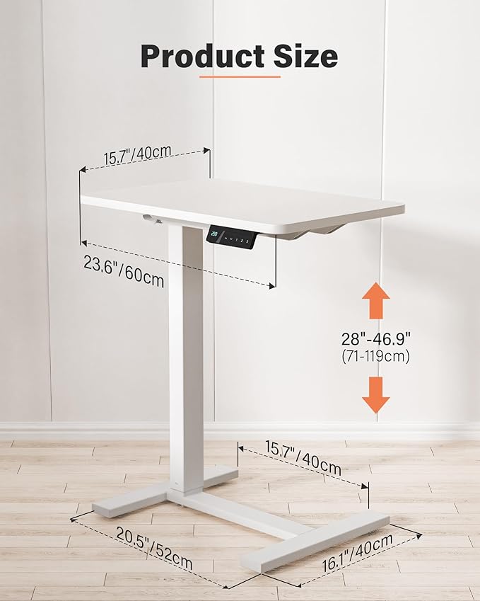 FiCiHi Small Electric Standing Desk - Adjustable Height Bedside Laptop Table with Wheels, Mobile, Portable Rolling Computer Workstation Sit Stand Table for Home Office, Sofa, Couch Use (28x16, White)