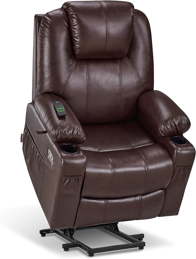MCombo Large Power Lift Recliner Chair with Massage and Heat for Tall Elderly People, 3 Positions, Cup Holders, and USB Ports, Faux Leather 7516 (Large, Dark Brown)