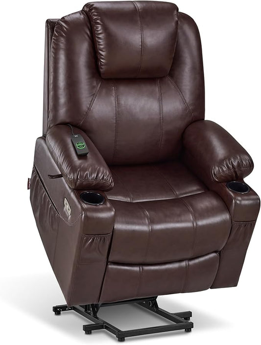 MCombo Large Power Lift Recliner Chair with Massage and Heat for Tall Elderly People, 3 Positions, Cup Holders, and USB Ports, Faux Leather 7516 (Large, Dark Brown)