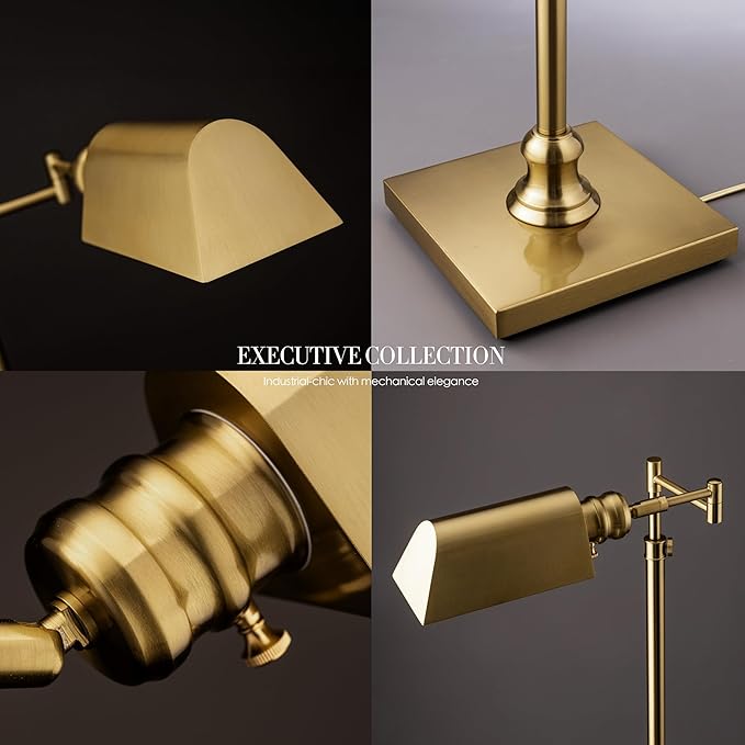 O’Bright Arcadia - Pharmacy Floor Lamp, Full Range Dimming, Swing Arm Task Lamp, E26 Socket, Bulb Replaceable, Adjustable Height 47” to 55”, 360° Rotatable Shade, All-Metal Design, Antique Brass