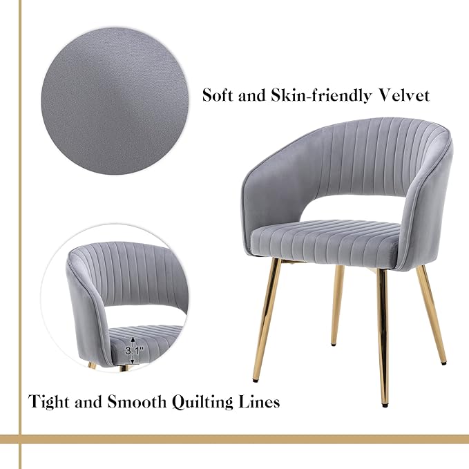Modern Velvet Dining Chairs Set of 2, Upholstered Gold Dining Room Chairs with Hollow Back and Gold Legs, Accent Armrest Kitchen Chairs for Living Room Reception Grey